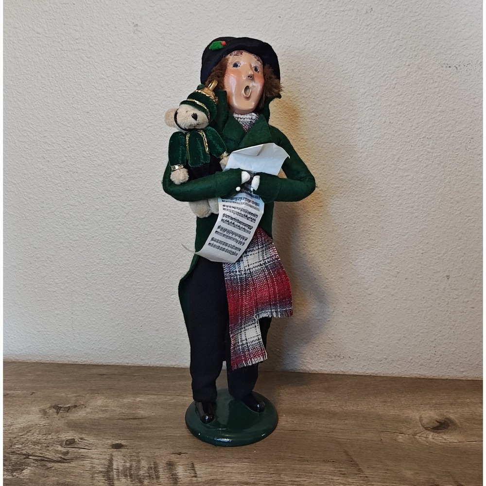 Byers Choice The Carolers 1997 Man with Teddy Bear Green‎ Coat Figurine 13.5"